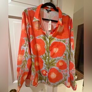 Floral Button-Up Blouse - Orange and Green